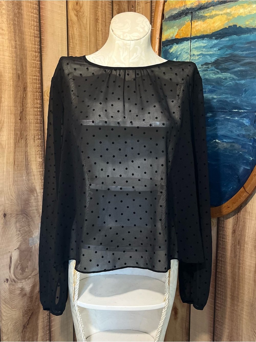 💋 Chelsea28 Black Sheer Polka Dot Top